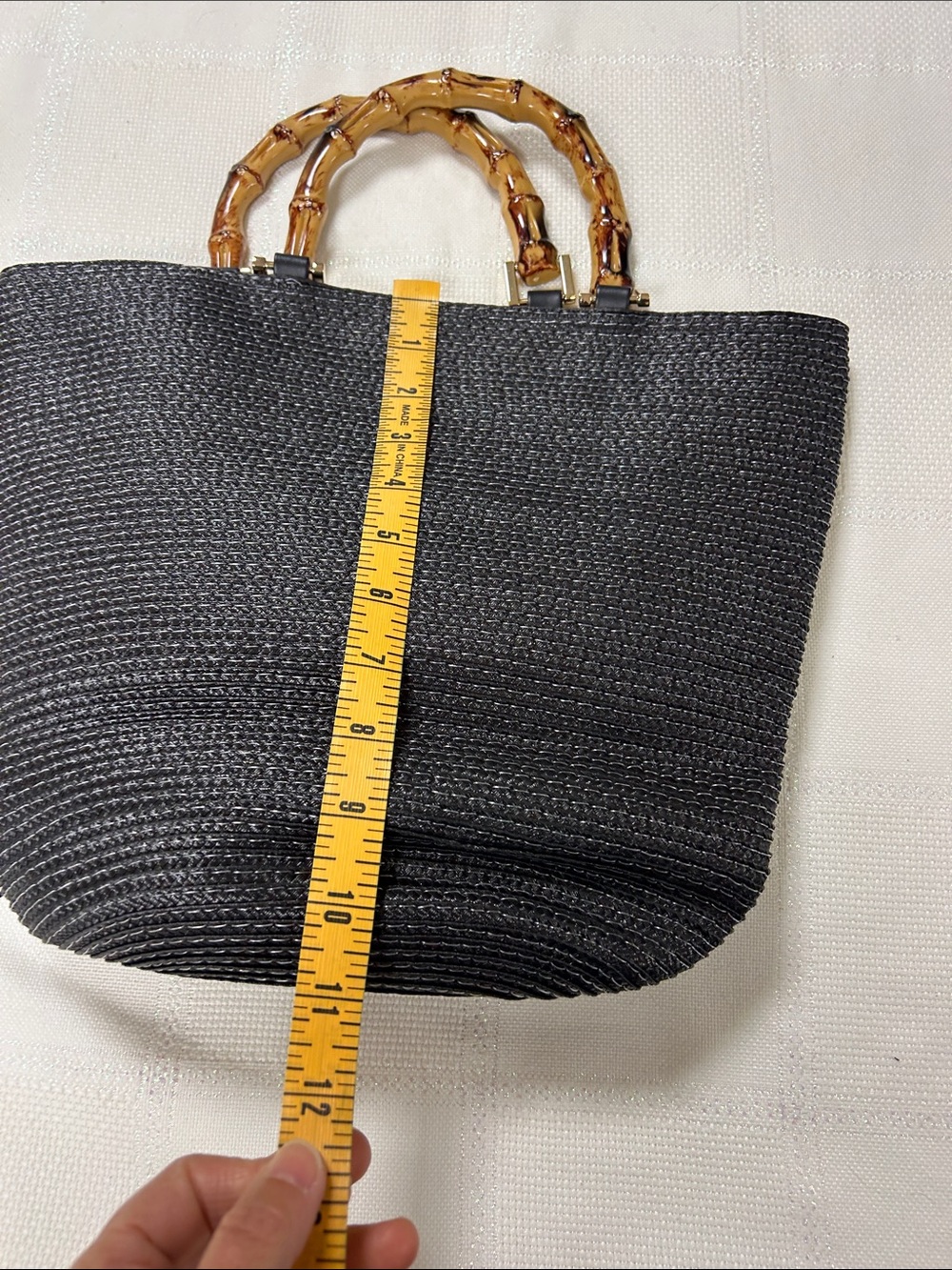 Black Straw Tote with Tortoise-Style Bamboo Handle image 5